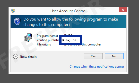 Screenshot where Kinx, Inc. appears as the verified publisher in the UAC dialog